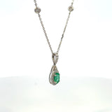 14K White Gold Emerald & Diamond Teardrop Halo Necklace