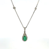14K White Gold Emerald & Diamond Teardrop Halo Necklace