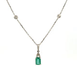 14K White Gold Emerald & Diamond Baguette Pendant Necklace