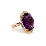 18K Rose Gold Oval Amethyst, Diamond Halo, & Pink Sapphires Accents Ring