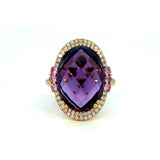 18K Rose Gold Oval Amethyst, Diamond Halo, & Pink Sapphires Accents Ring