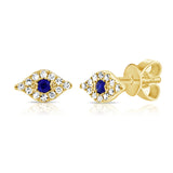 14K Yellow Gold Sapphire & Diamond Evil Eye Stud Earrings: