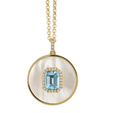 18K Yellow Gold Diamond Medallion with Sky Blue Topaz & White Mother of Pearl