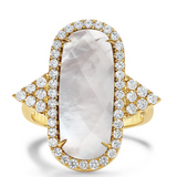 18K Yellow Gold Diamond Ring with Clear Quartz over White Mother of Pearl