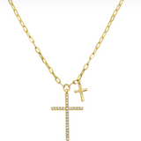 14K Yellow Gold Double Cross Diamond Necklace