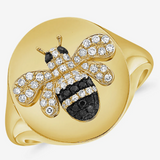 14K Gold Diamond & Black Diamond Bumble Bee Signet Ring