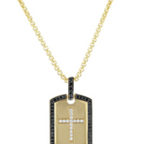 4K Yellow Gold Black and White Diamonds Dog Tag Cross Pendant