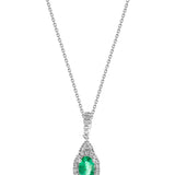 14K White Gold Emerald & Diamond Teardrop Halo Necklace