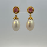 14K  Pink Tourmaline & Pearl Drop Earrings