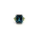 14K White Gold Emerald-Cut Blue Topaz Ring with Peridot & Diamond Accents