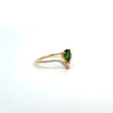 14K Yellow Gold Pear-Shaped Green Gemstone Diamond V Ring