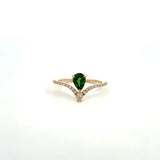 14K Yellow Gold Pear-Shaped Green Gemstone Diamond V Ring